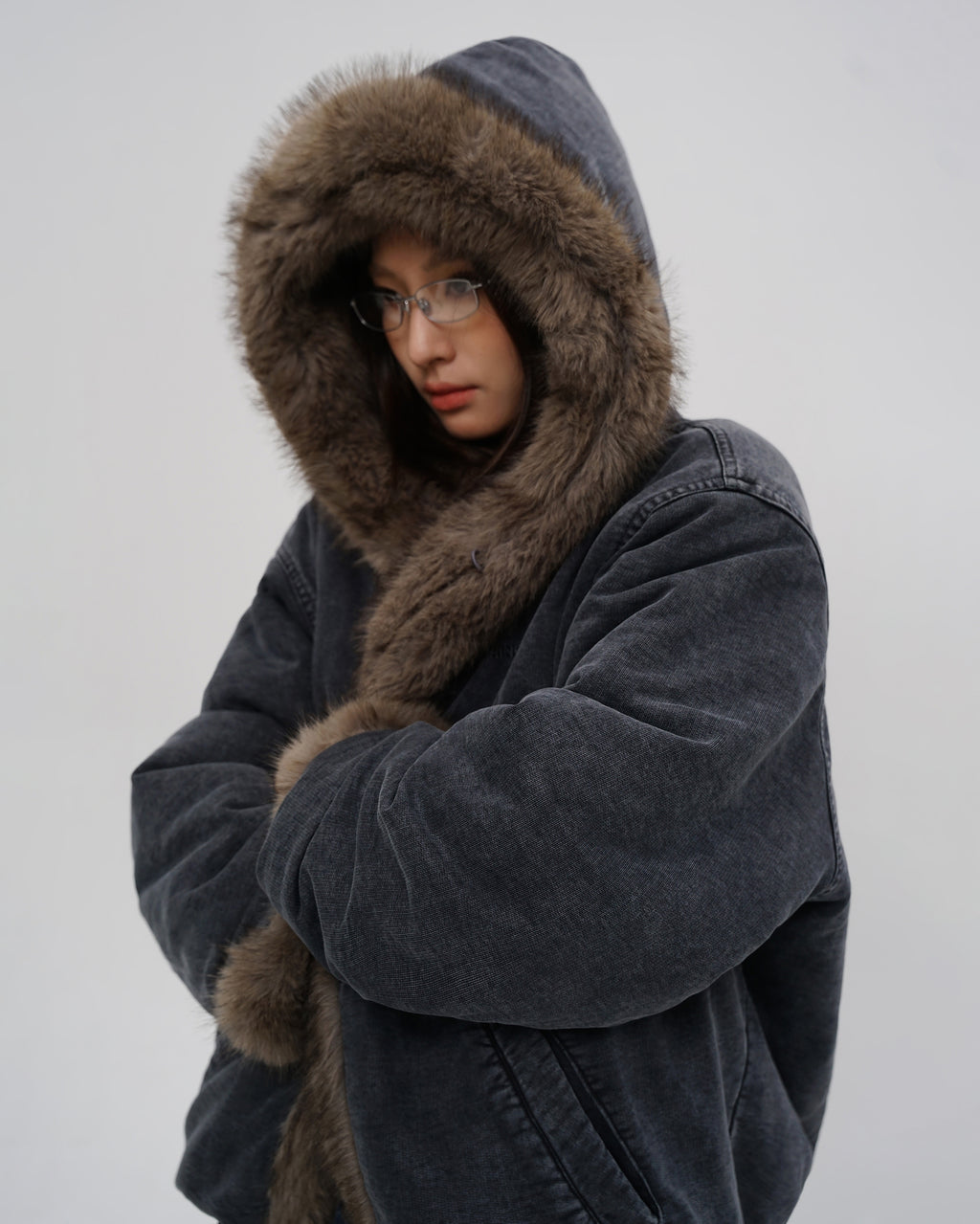 Washed Faux Fur Hooded Jacket