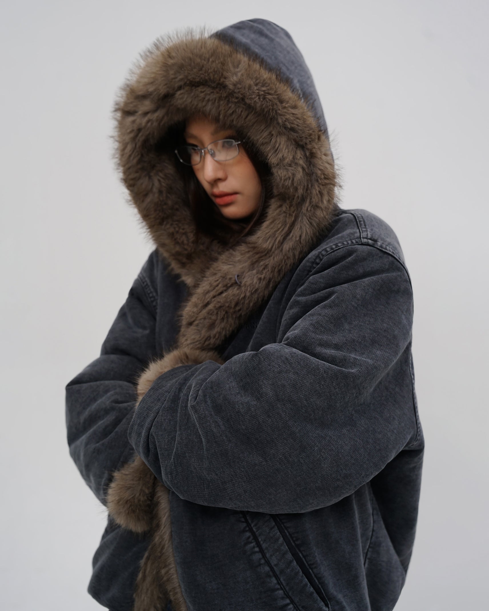 Washed Faux Fur Hooded Jacket