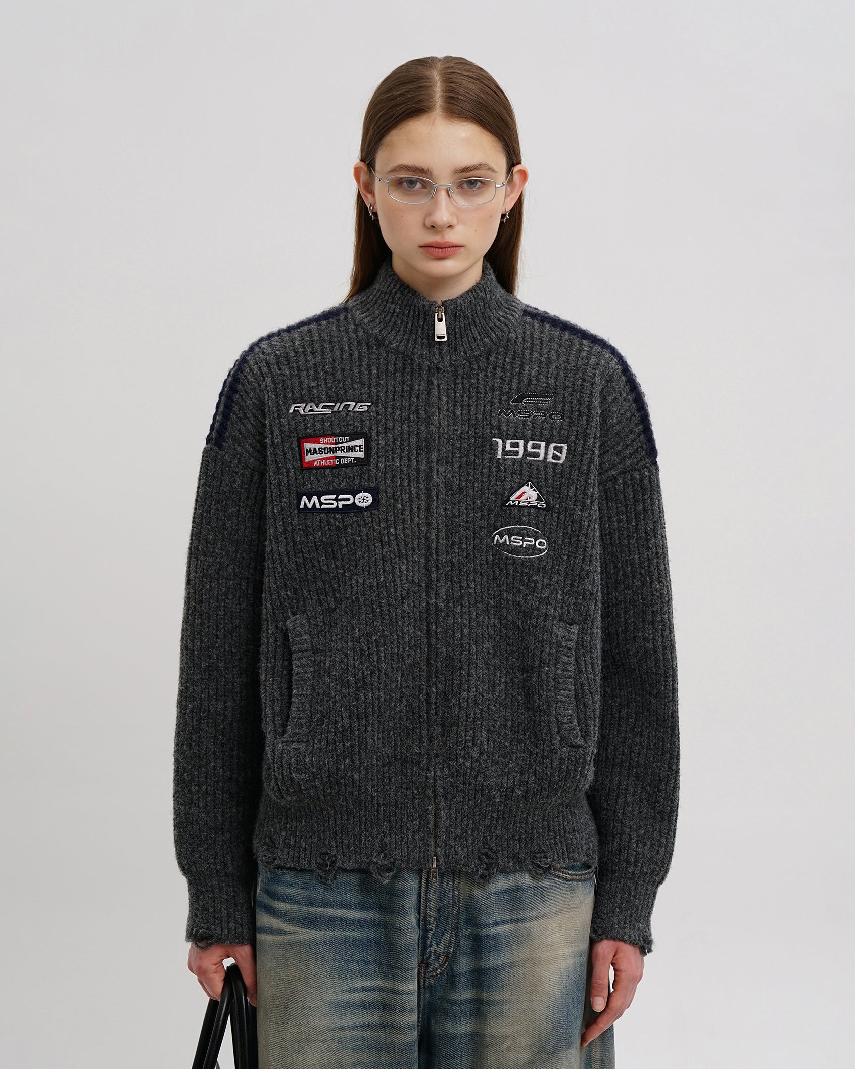 Racer Patch Knit Zip Cardigan