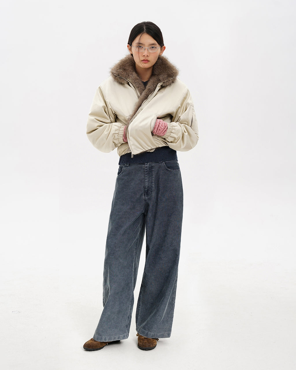 Fur-Collar Cocoon Bomber Jacket