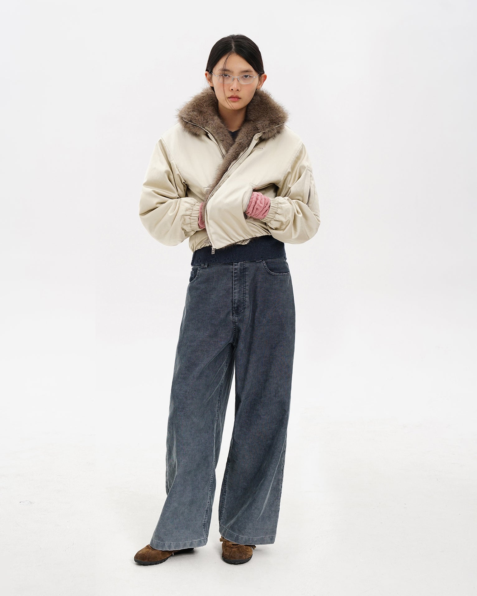 Fur-Collar Cocoon Bomber Jacket