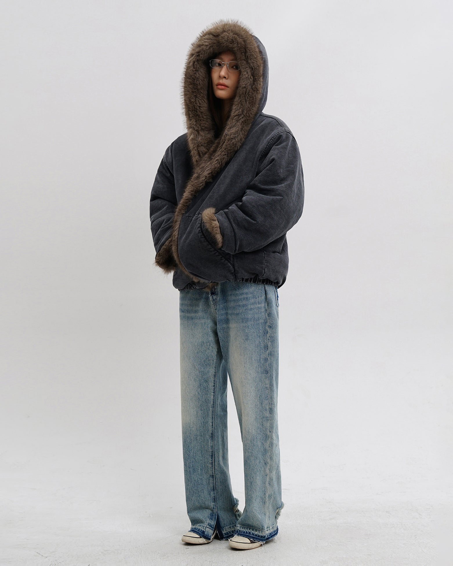 Washed Faux Fur Hooded Jacket