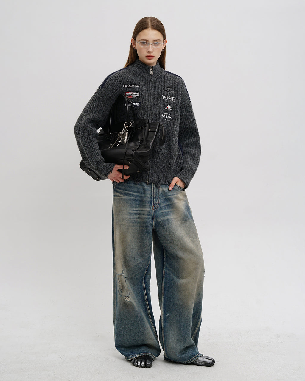 Racer Patch Knit Zip Cardigan