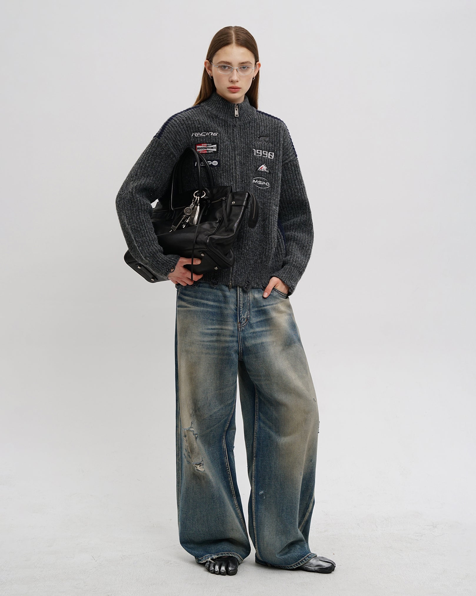 Racer Patch Knit Zip Cardigan