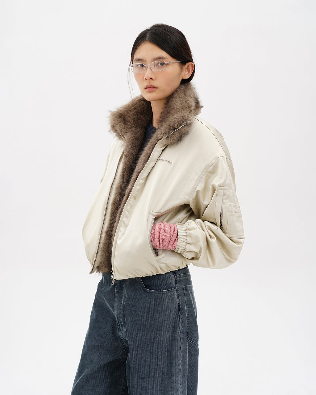 Fur-Collar Cocoon Bomber Jacket