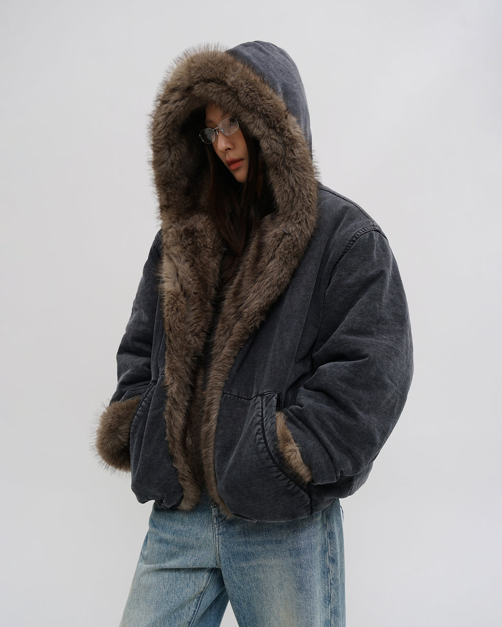 Washed Faux Fur Hooded Jacket
