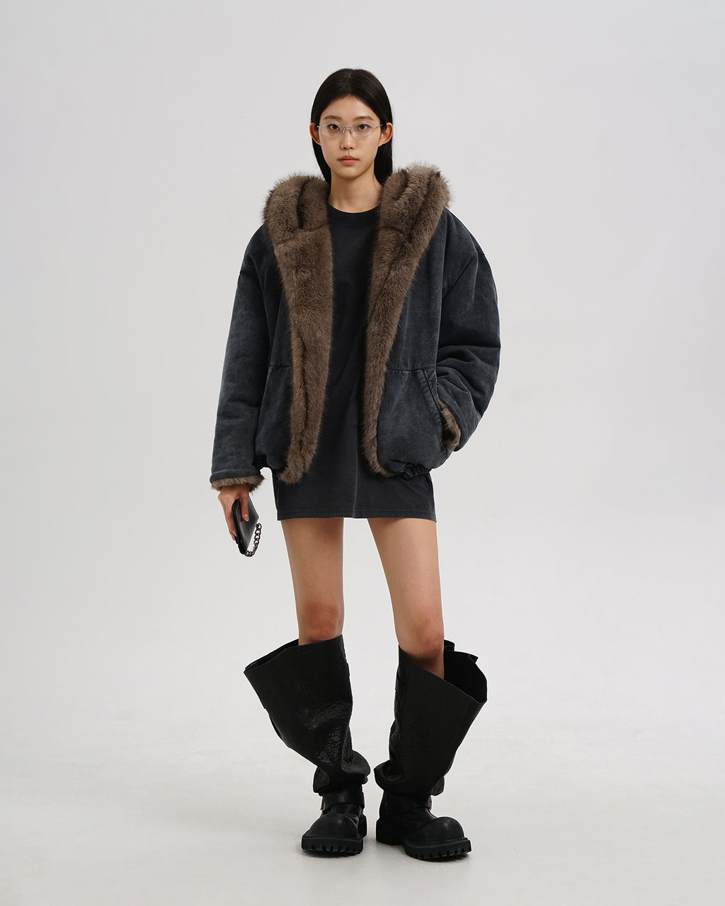 Washed Faux Fur Hooded Jacket