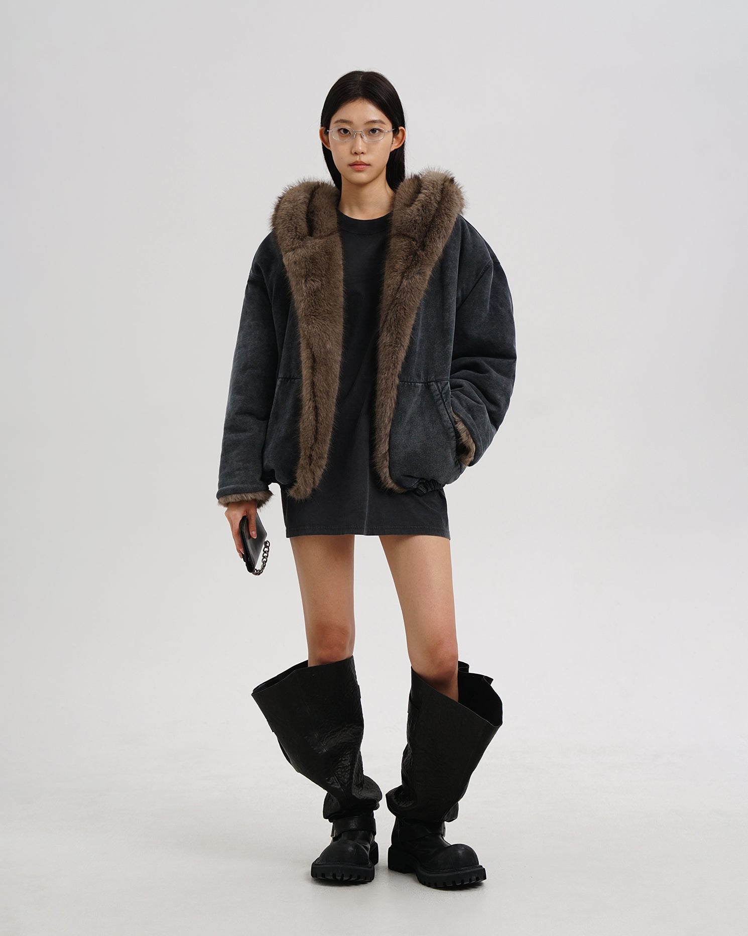 Washed Faux Fur Hooded Jacket