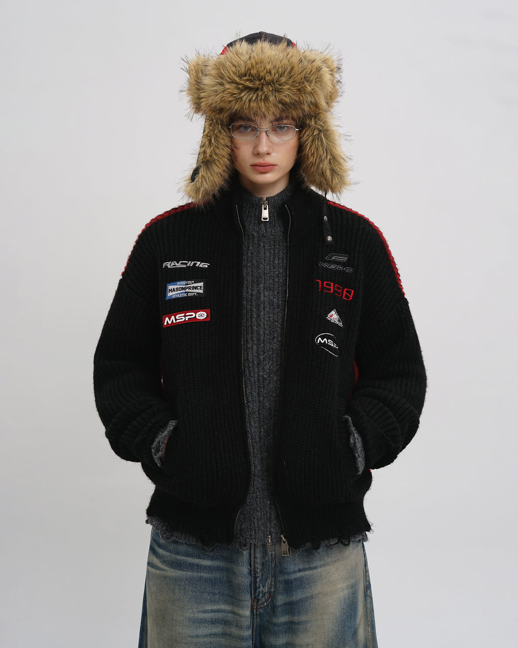 Racer Patch Knit Zip Cardigan