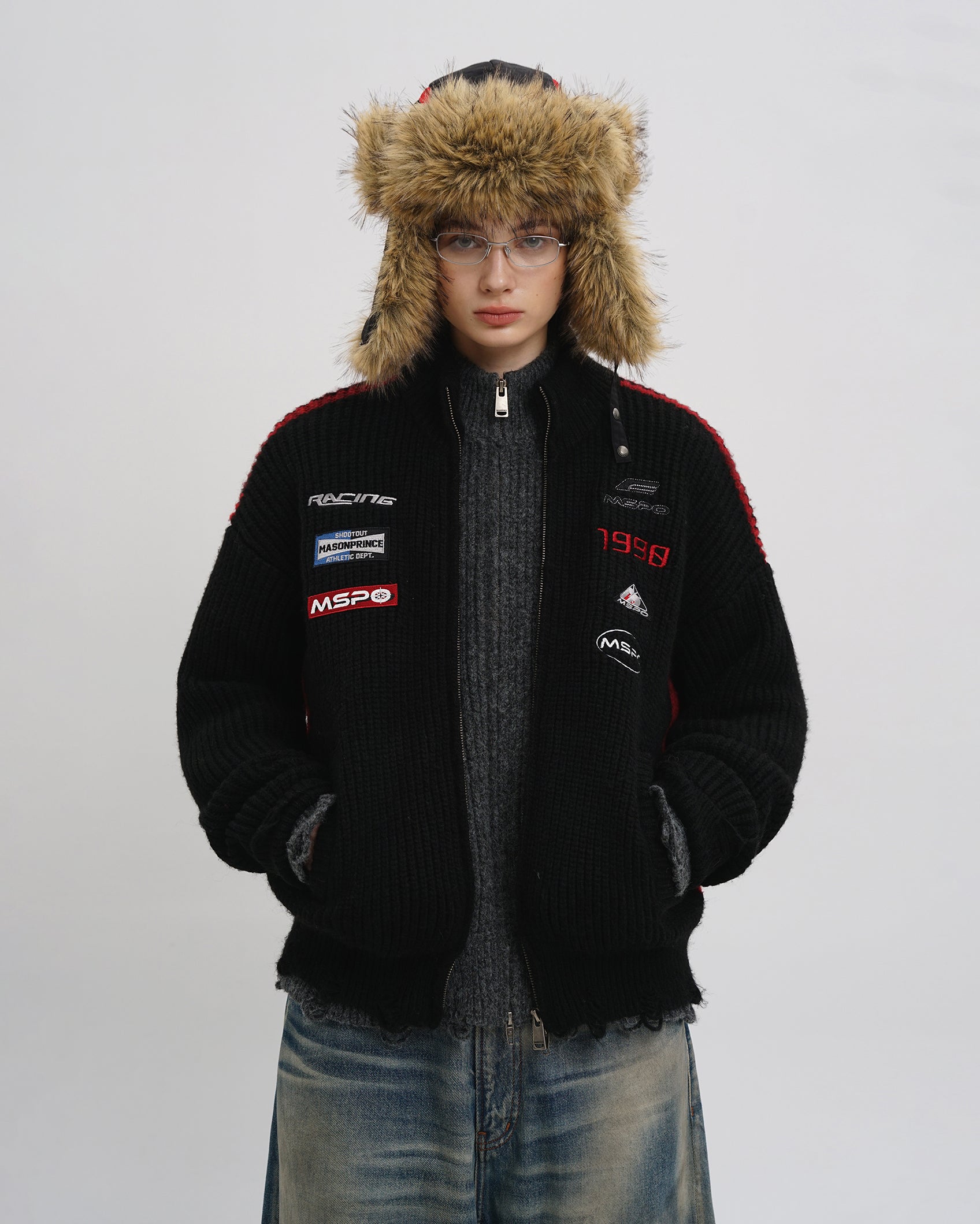 Racer Patch Knit Zip Cardigan