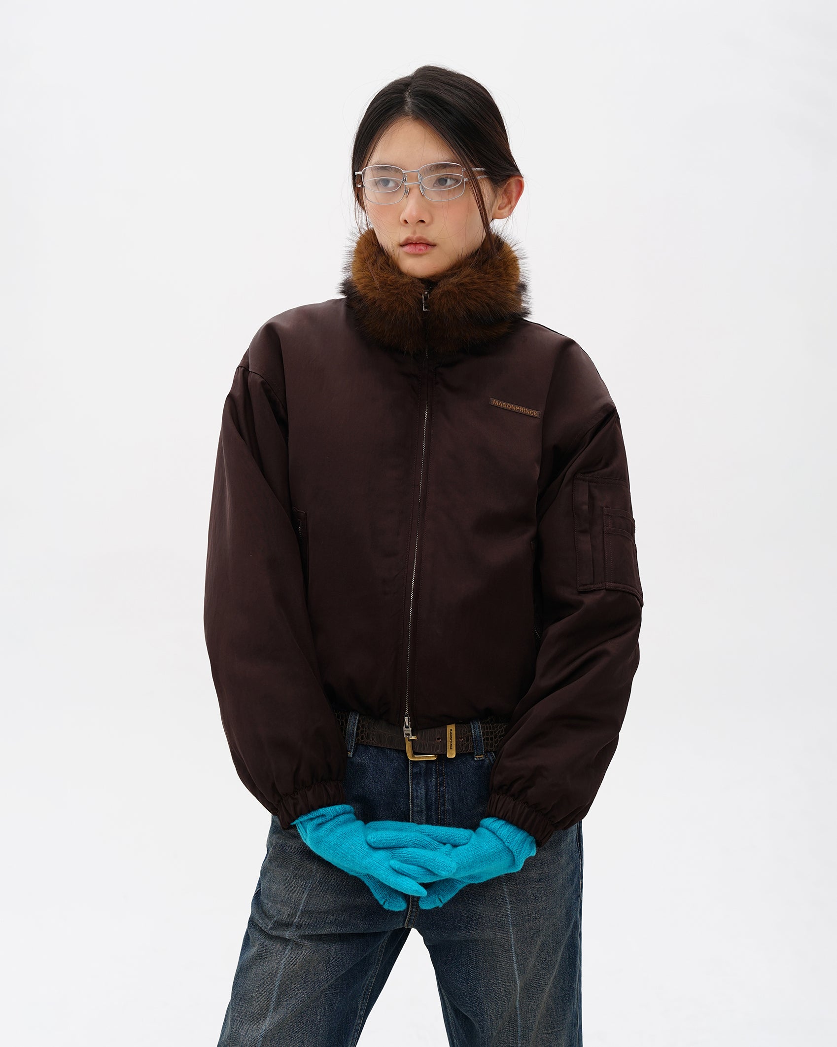 Fur-Collar Cocoon Bomber Jacket