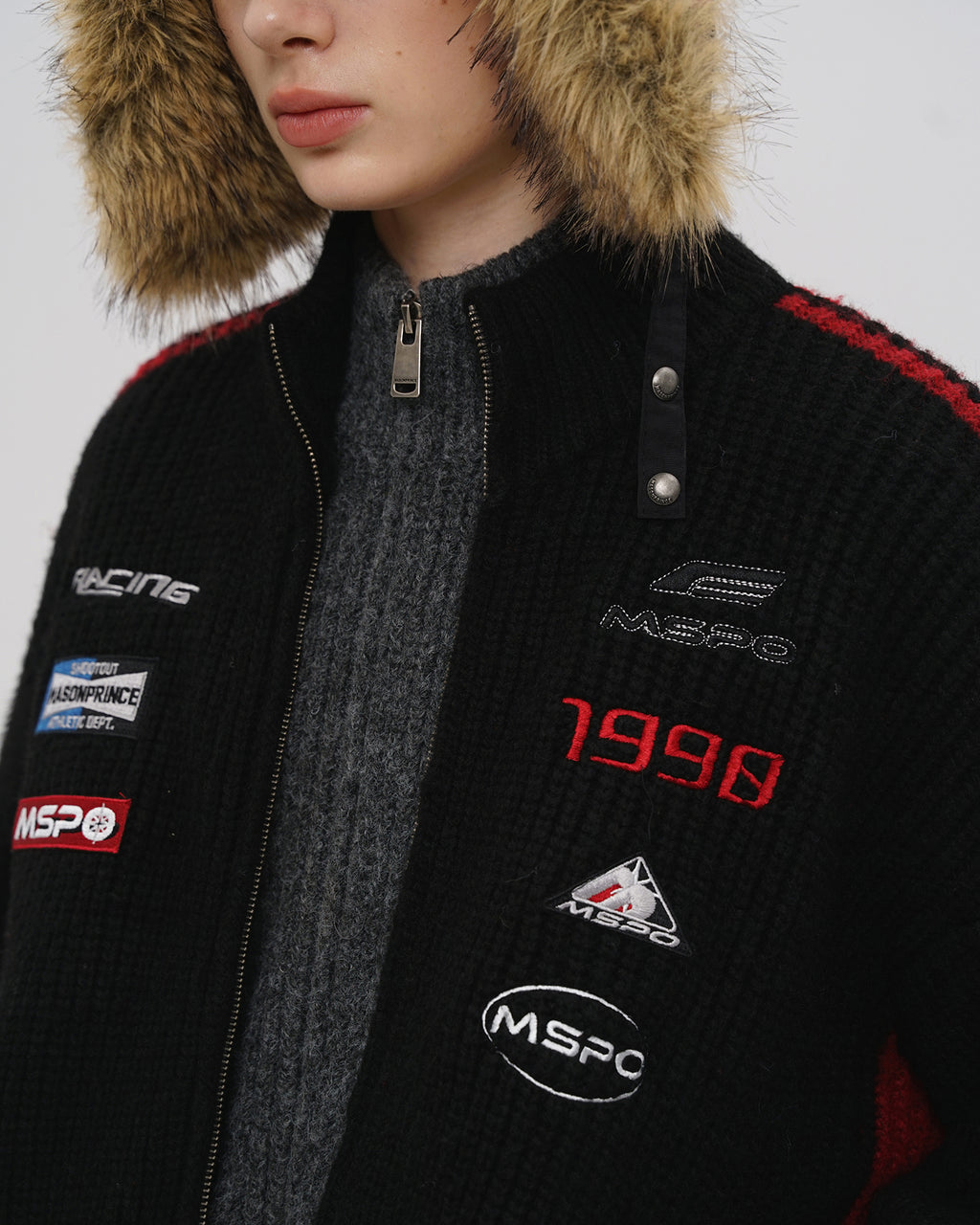 Racer Patch Knit Zip Cardigan