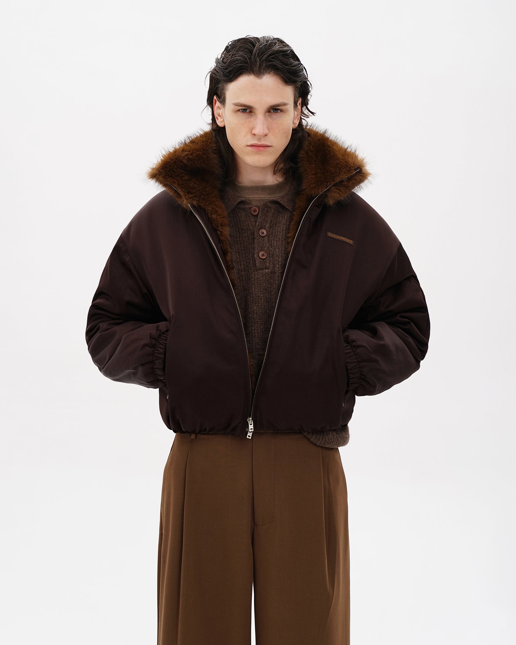 Fur-Collar Cocoon Bomber Jacket