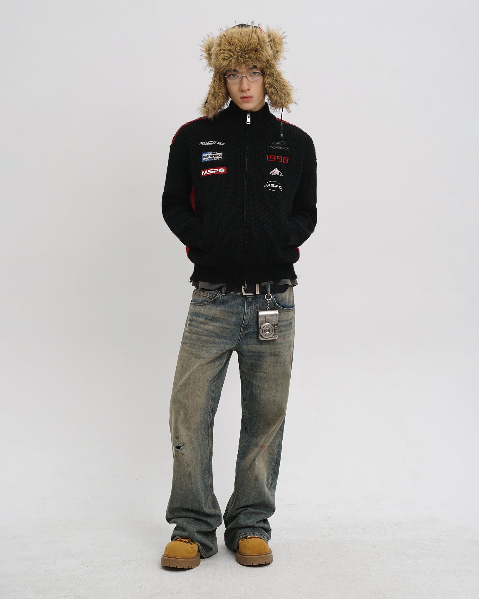 Racer Patch Knit Zip Cardigan