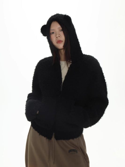 Fur textured bear Hoodie - Black